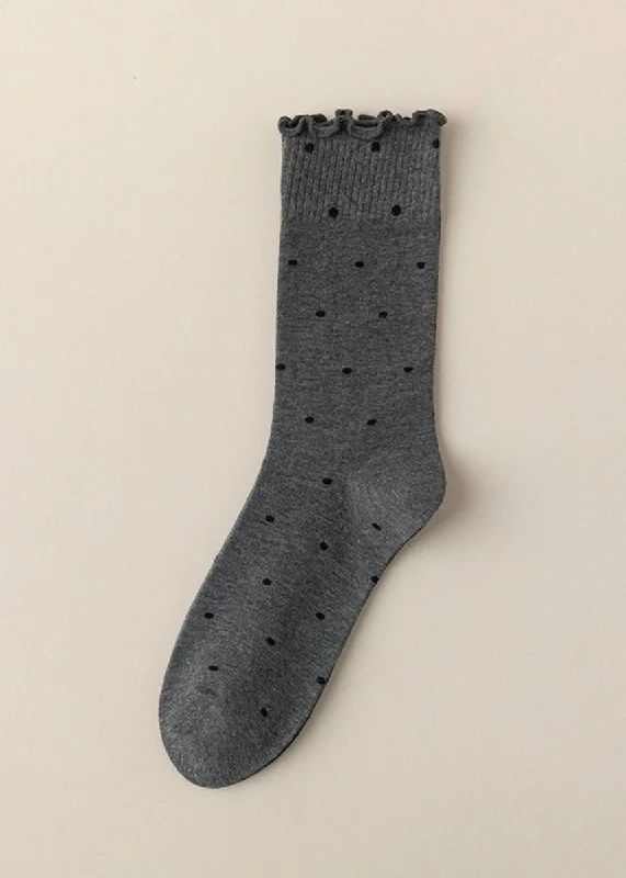 Warm Heated Socks for Outdoor Activities-Polka Dot Ruffle Lace Mid Socks - Dark Grey