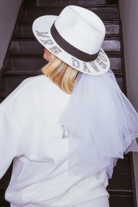 Soft Knit Beanie for Street Style-Personalised Bridal Straw Fedora Hat With Veil & Letter Embellishment - White