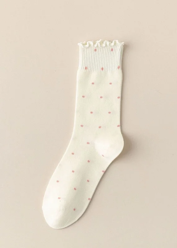 Vibrant Neon Socks for Bold Statements-Polka Dot Ruffle Lace Mid Socks - Off-White