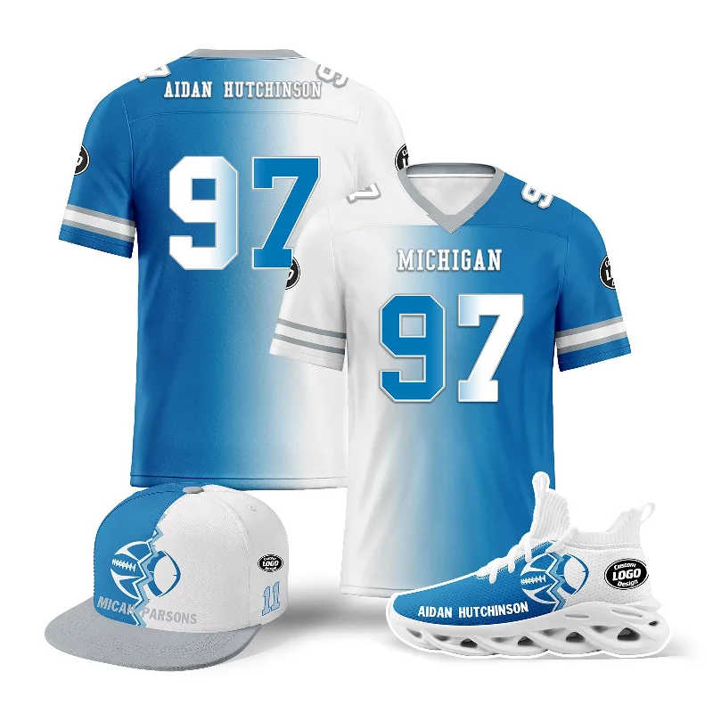 Comfy Slouchy Hat for Relaxed Vibe-Custom Blue White Michigan Football Jersey MaxSoul Shoes and Hat Combo Offer Personalized Combo ZH-D028018-6