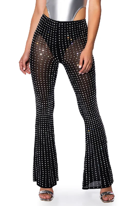 High-Waisted Trousers for Modern Style-CRYSTAL CLEAR RHINESTONE FLARE PANT