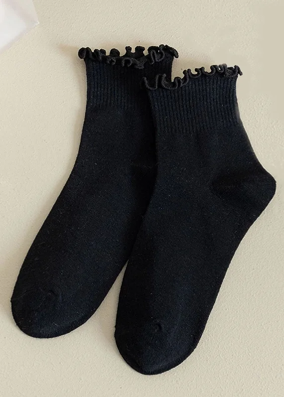 Soft Fleece Socks for Cold Nights-Ruffled Ankle Socks - Black