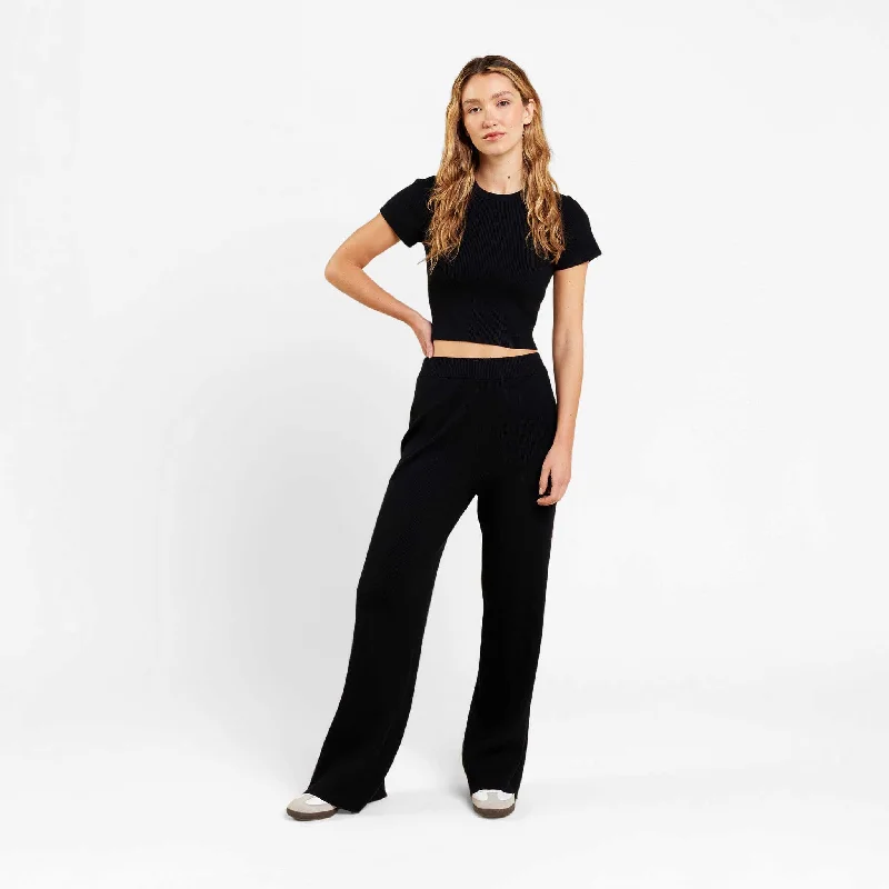 Comfy Terry Cloth Pants for Lounge Days-Ribbed Sweater Wide Leg Pant | Black