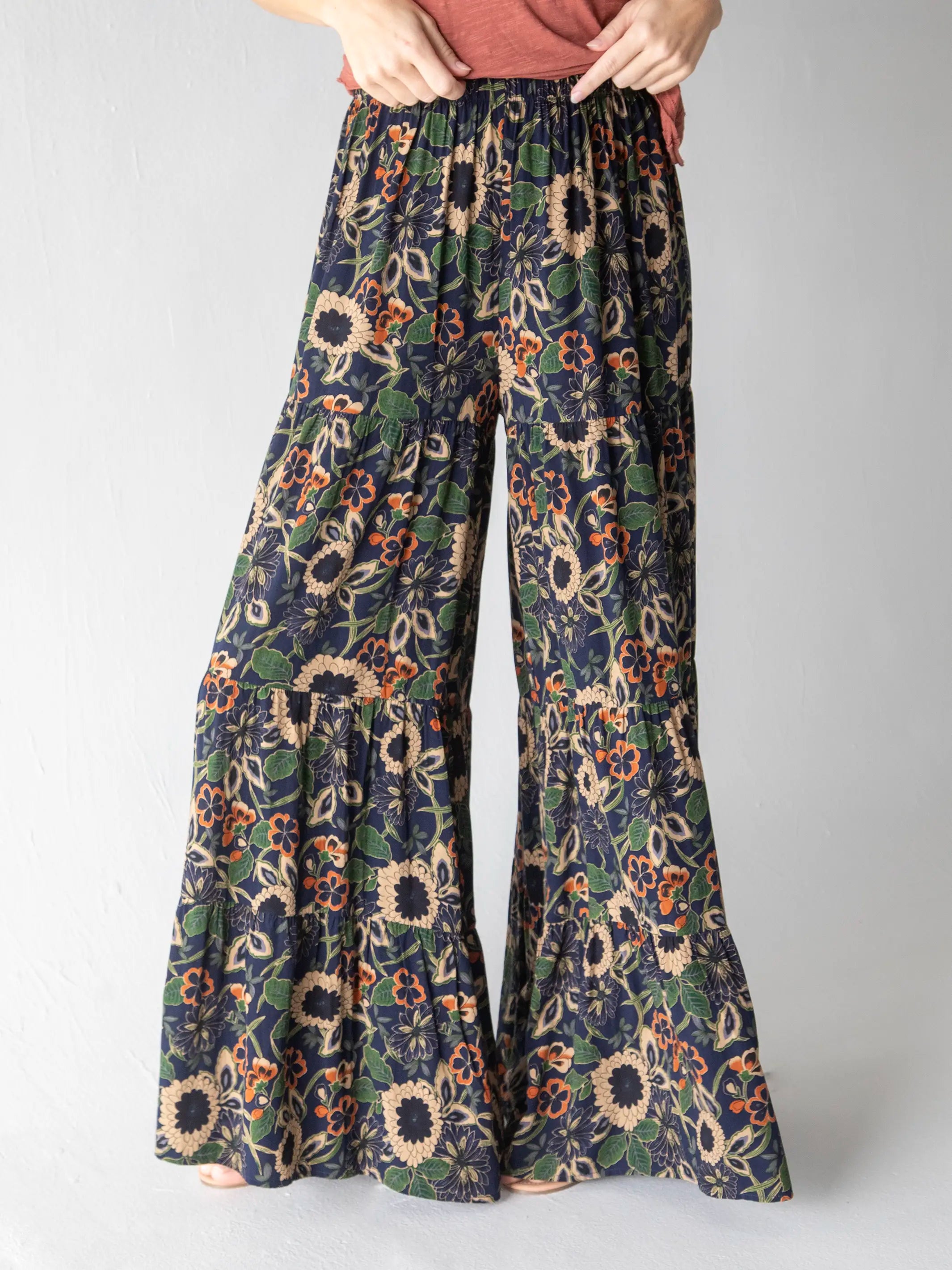 Comfortable Beach Pants for Vacation Style-Patti Palazzo Pant - Navy Tan Dahlias