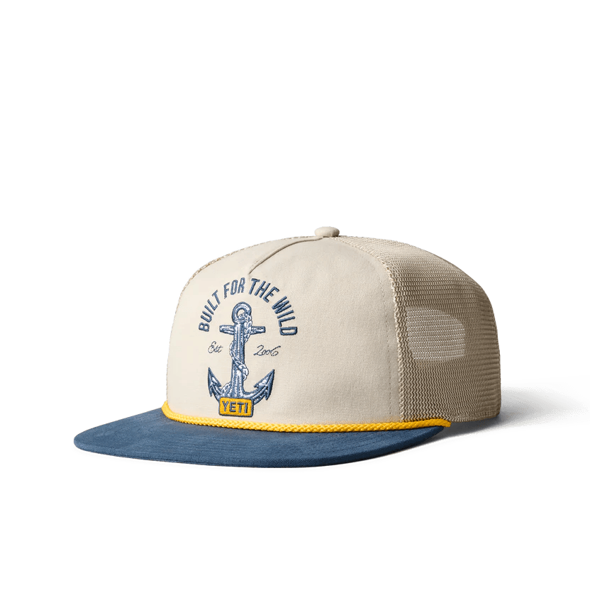 Lightweight Hiking Cap for Adventure Seekers-Yeti Tan/Navy Open Seas Rope Flat Brim Hat