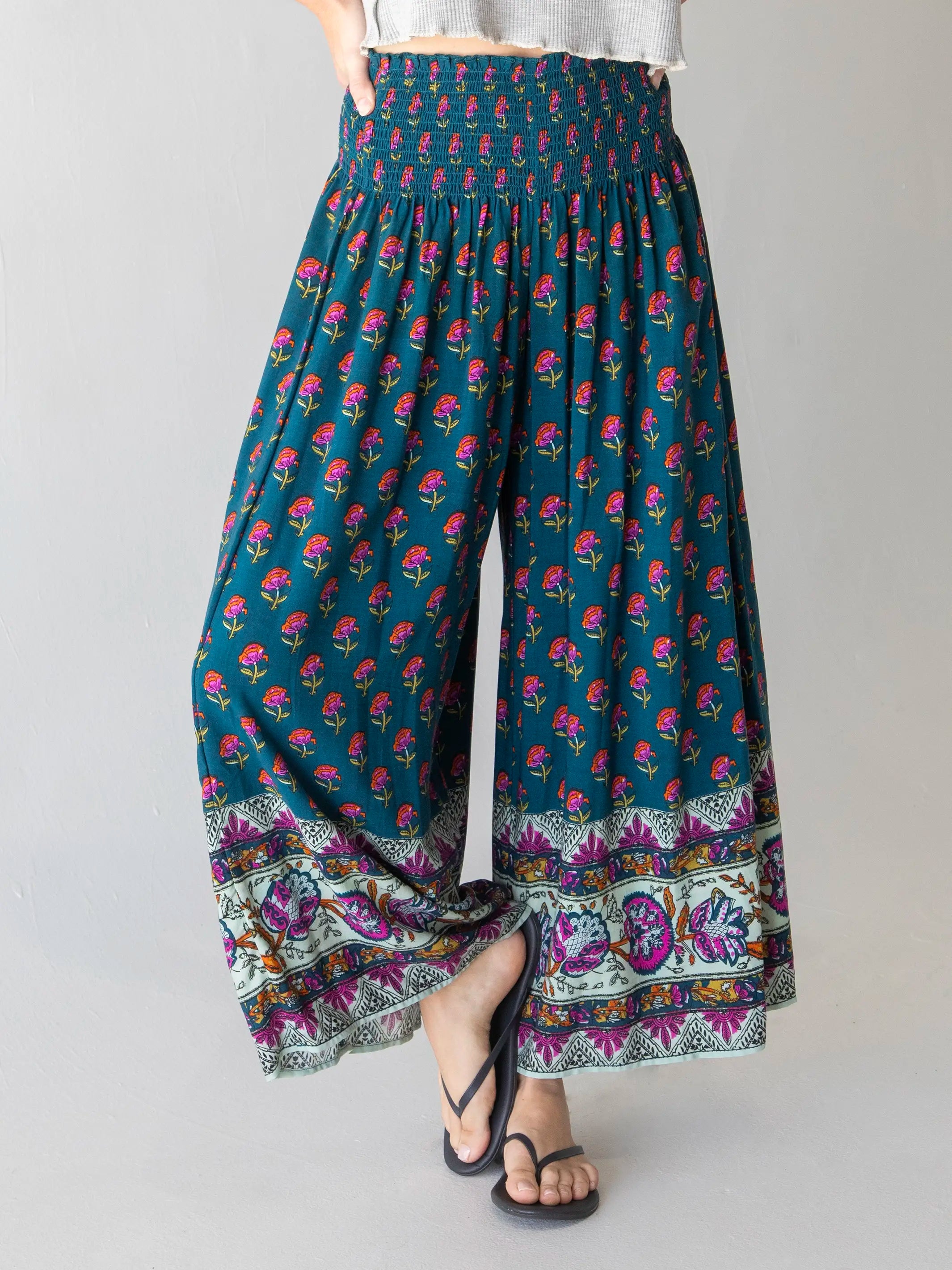 Loose Fit Linen Pants for Relaxed Look-Make A Move Wide-Leg Palazzo Pant - Navy Pink Roses Border