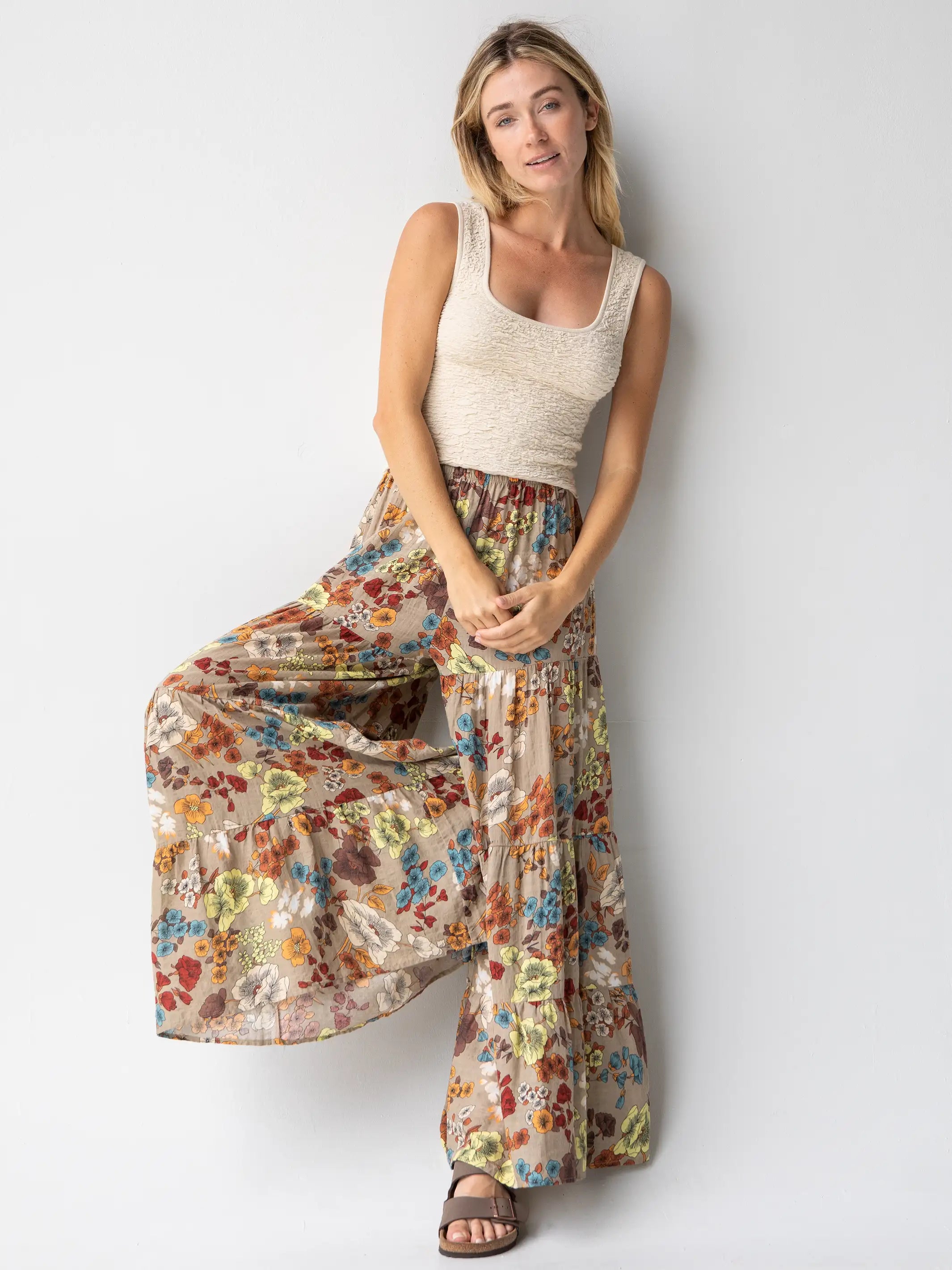 Premium Wool Pants for Cold Weather-Patti Palazzo Pant - Tan Cream Floral