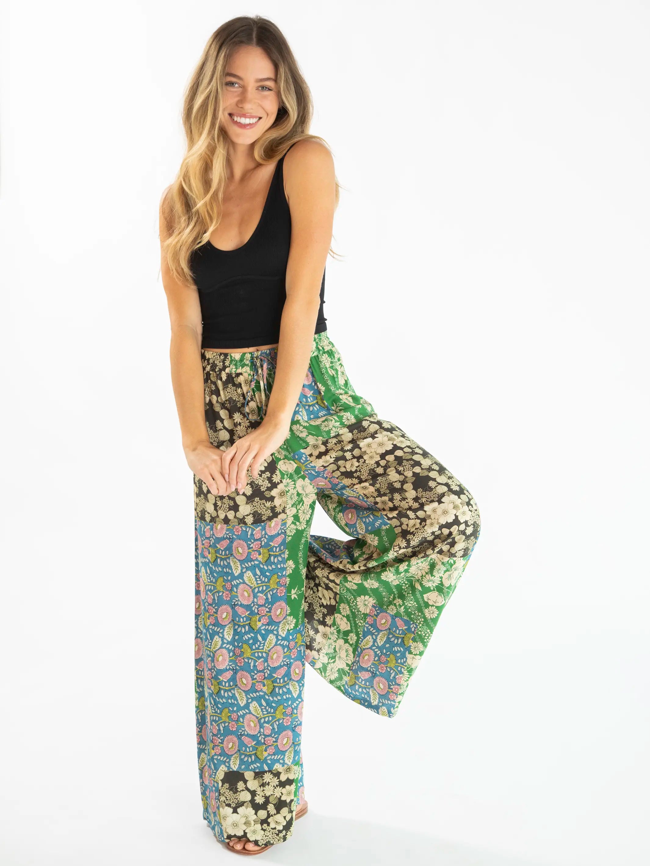 Trendy Camo Pants for Street Style-Go With The Flow Wide Leg Pant - Green Black Blue Mixed Floral