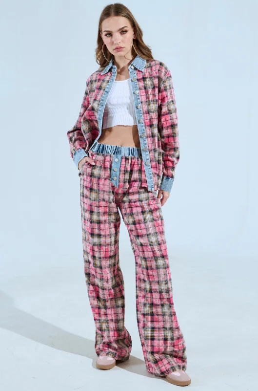 Soft Velvet Pants for Cozy Comfort-THE ONE PINK PLAID WIDE LEG PANT