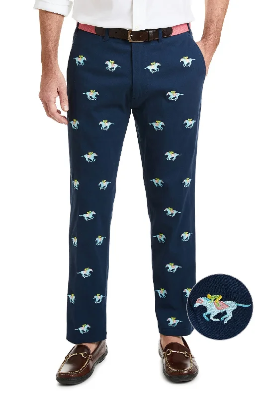 Classic White Jeans for Effortless Fashion-Harbor Pant Stretch Twill Nantucket Navy with Pastel Racing Horses