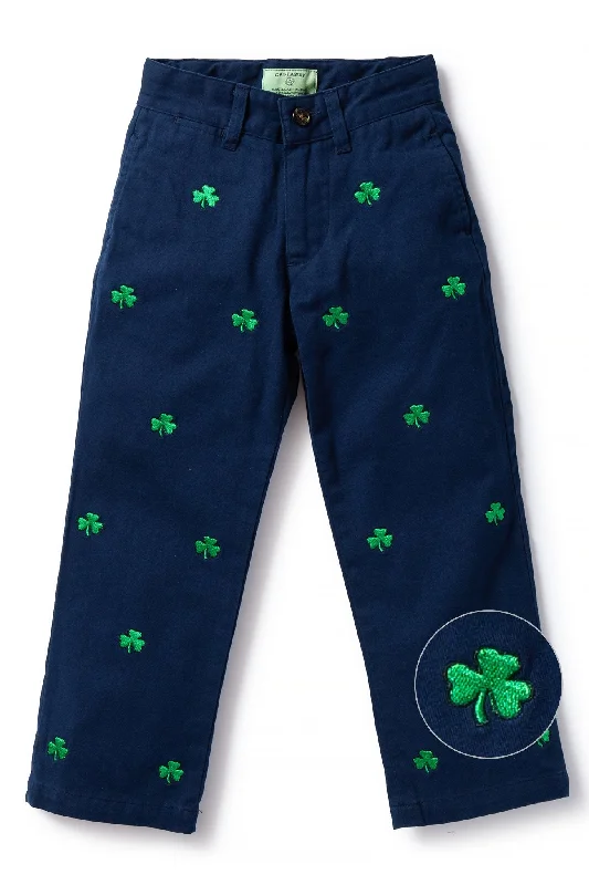 Trendy High-Waisted Denim for Vintage Style-Boys Stretch Twill Port Pant Nantucket Navy with Shamrock