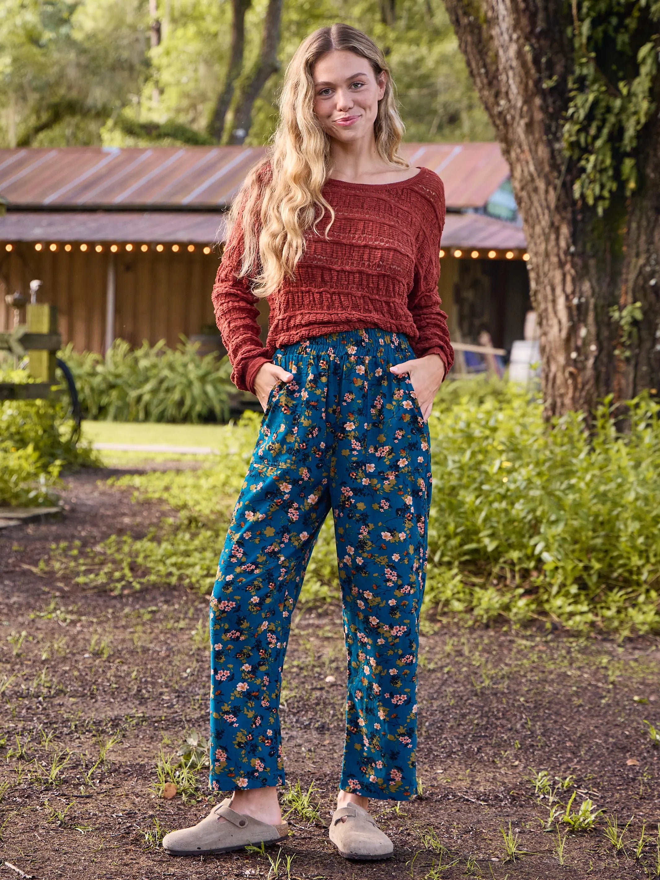 Vintage Bell Bottoms for Retro Vibes-Beckett Corduroy Pant - Dark Turquoise Cream Ditsy