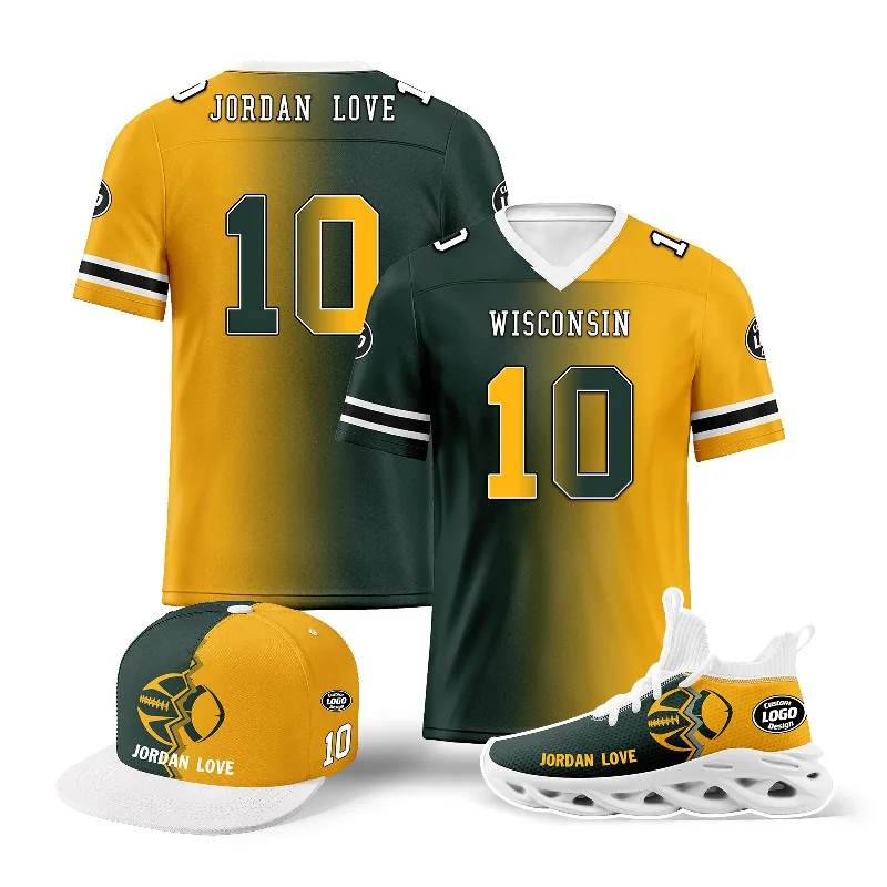 Sleek Running Cap for Performance Wear-Custom Yellow Green Wisconsin Football Jersey MaxSoul Shoes and Hat Combo Offer Personalized Combo ZH-D028018-7