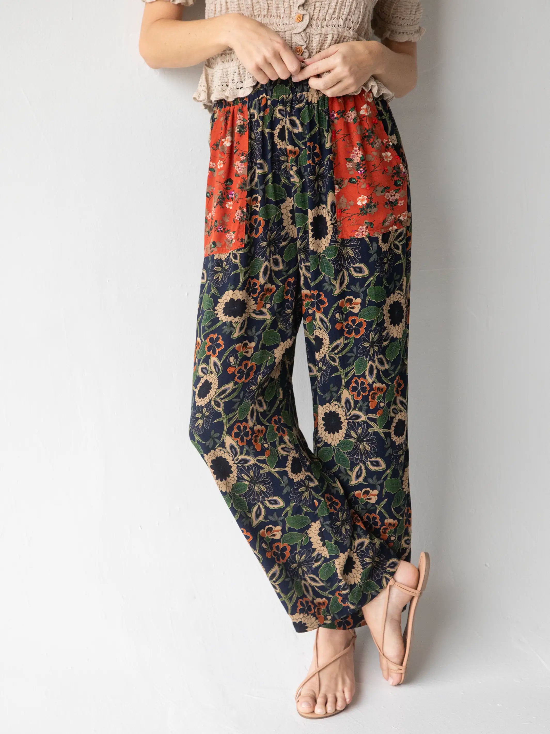 Work-Ready Khakis for Casual Office Wear-Beckett Pant - Navy Dahlias Mixed Floral