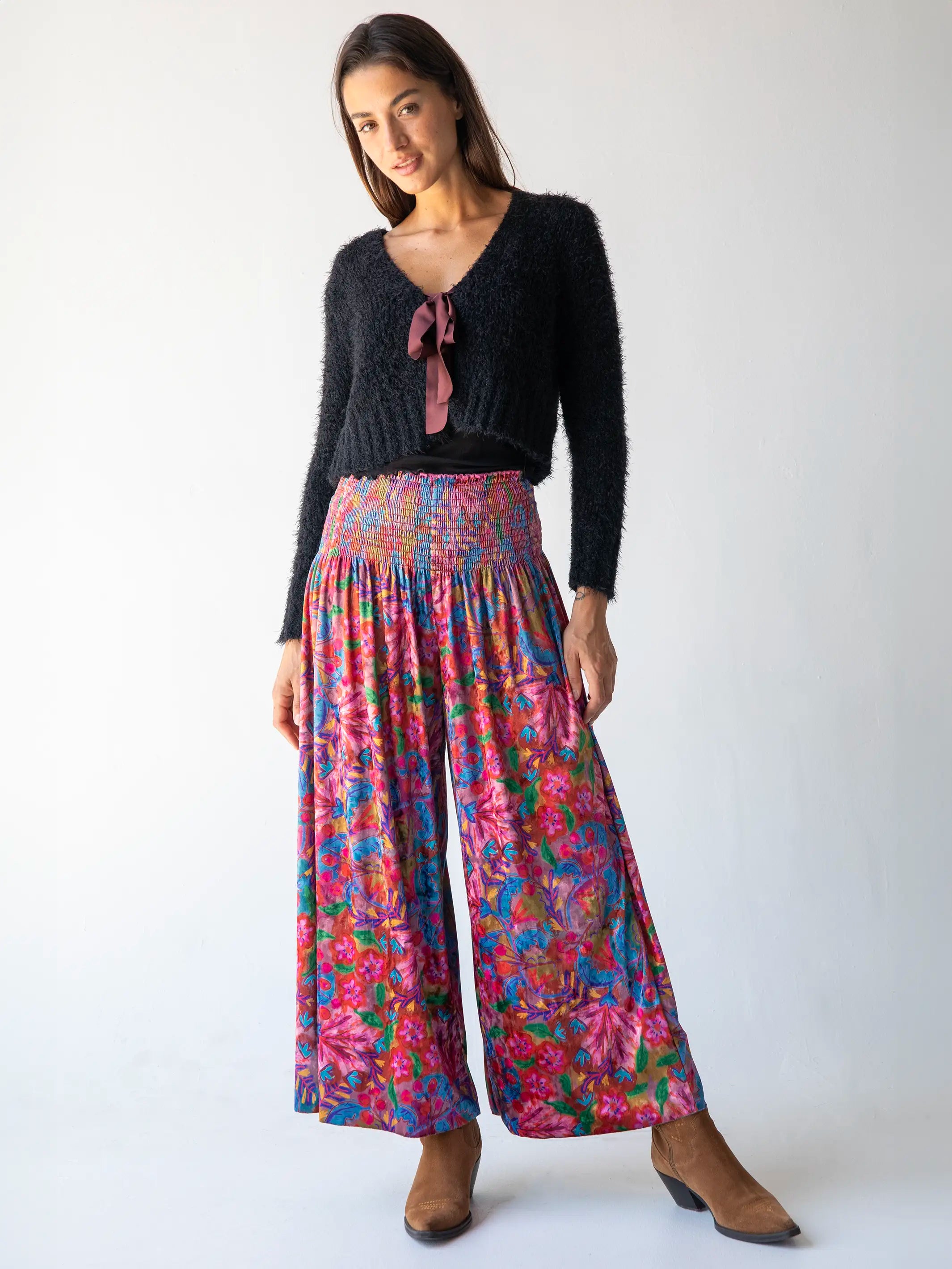 Relaxed Fit Denim for Casual Comfort-Make A Move Velvet Palazzo Pant - Pink Red Folk Floral