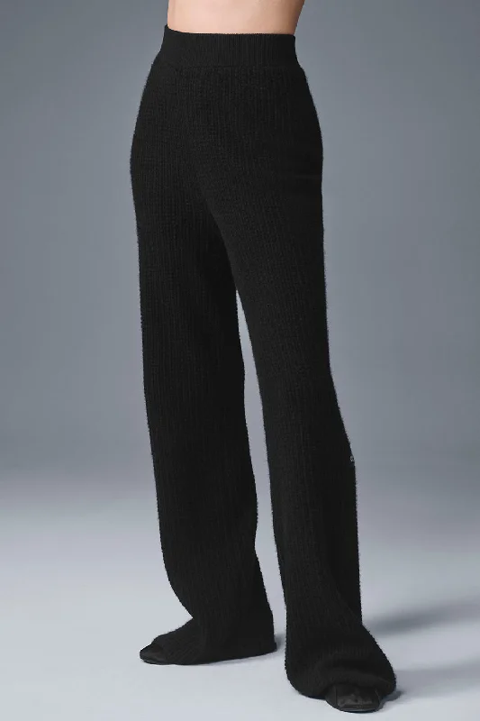 Stretchy High-Rise Pants for Comfortable Fit-Cashmere High-Waist Plush Waffle Pant - Black