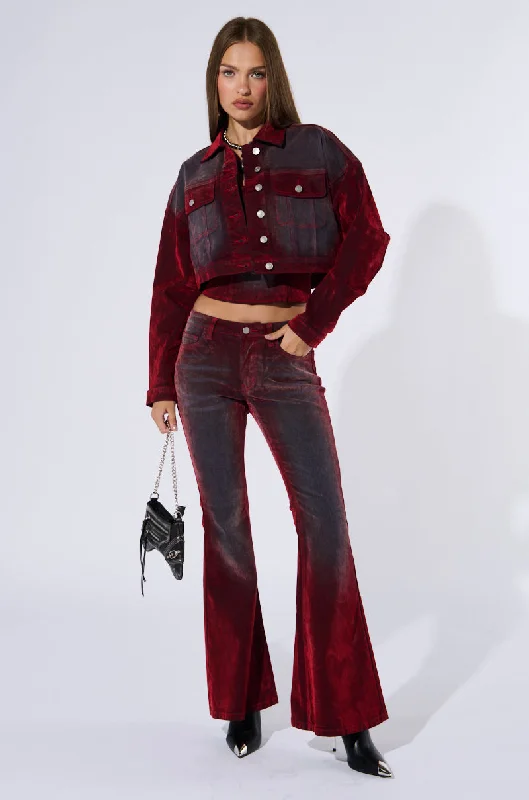 Tailored Wool Pants for Winter Wear-CRYSTAL VELVET DENIM PANT IN RED