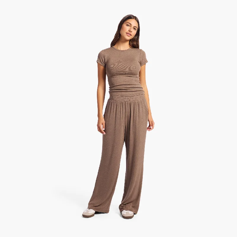 Eco-Friendly Bamboo Pants for Sustainable Fashion-Slinky Rib Wide Leg Pant | Mocha