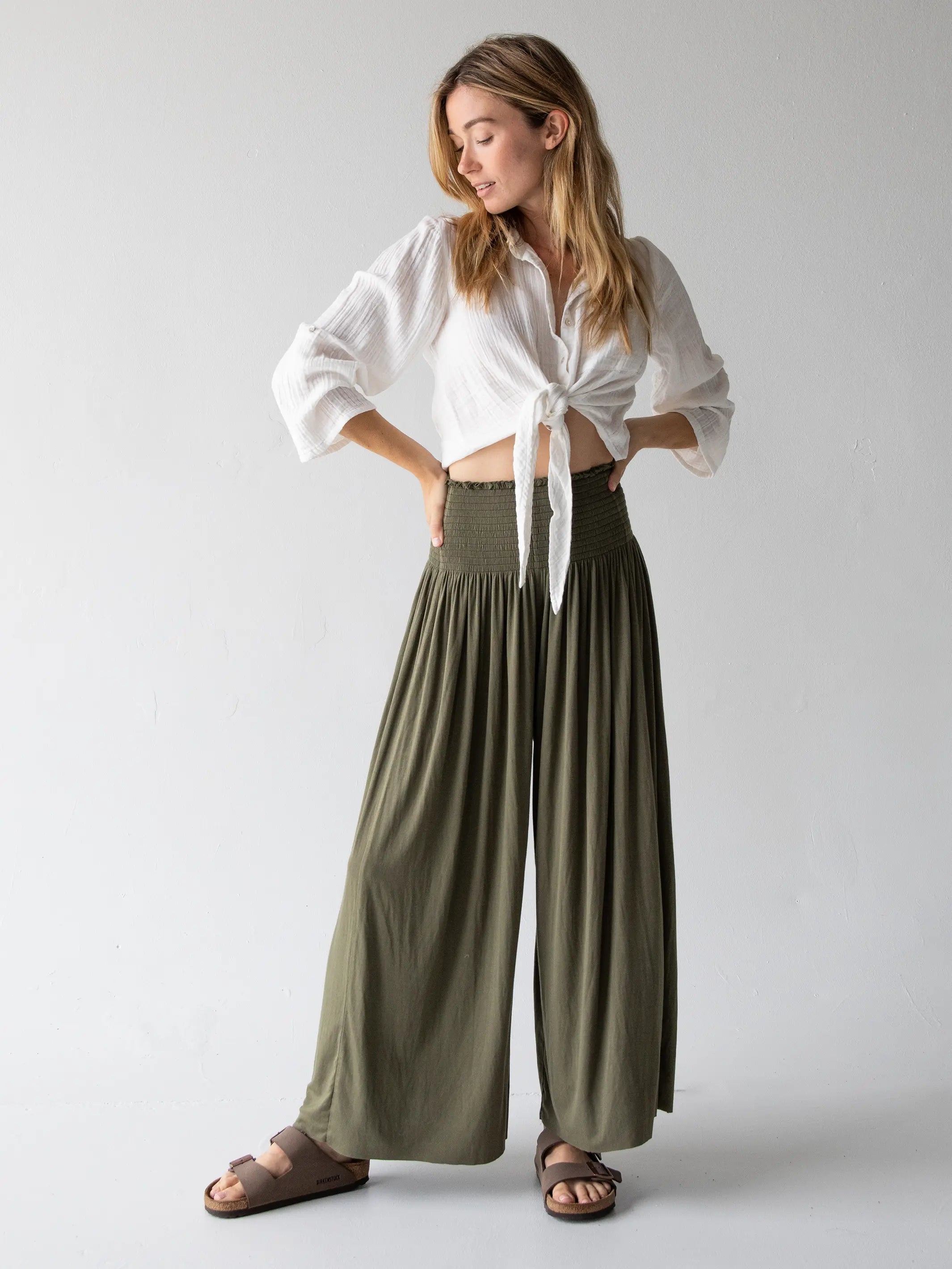 Classic White Pants for Summer Events-Make A Move Knit Palazzo Pant - Olive