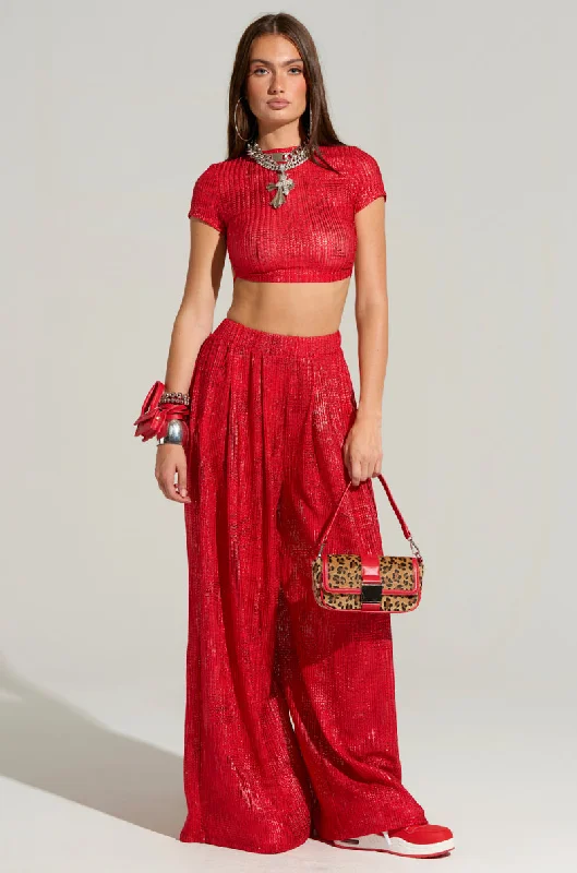 High-Waisted Jeans for Trendy Look-JUST LIKE MAGIC METALLIC WIDE LEG PANT IN RED