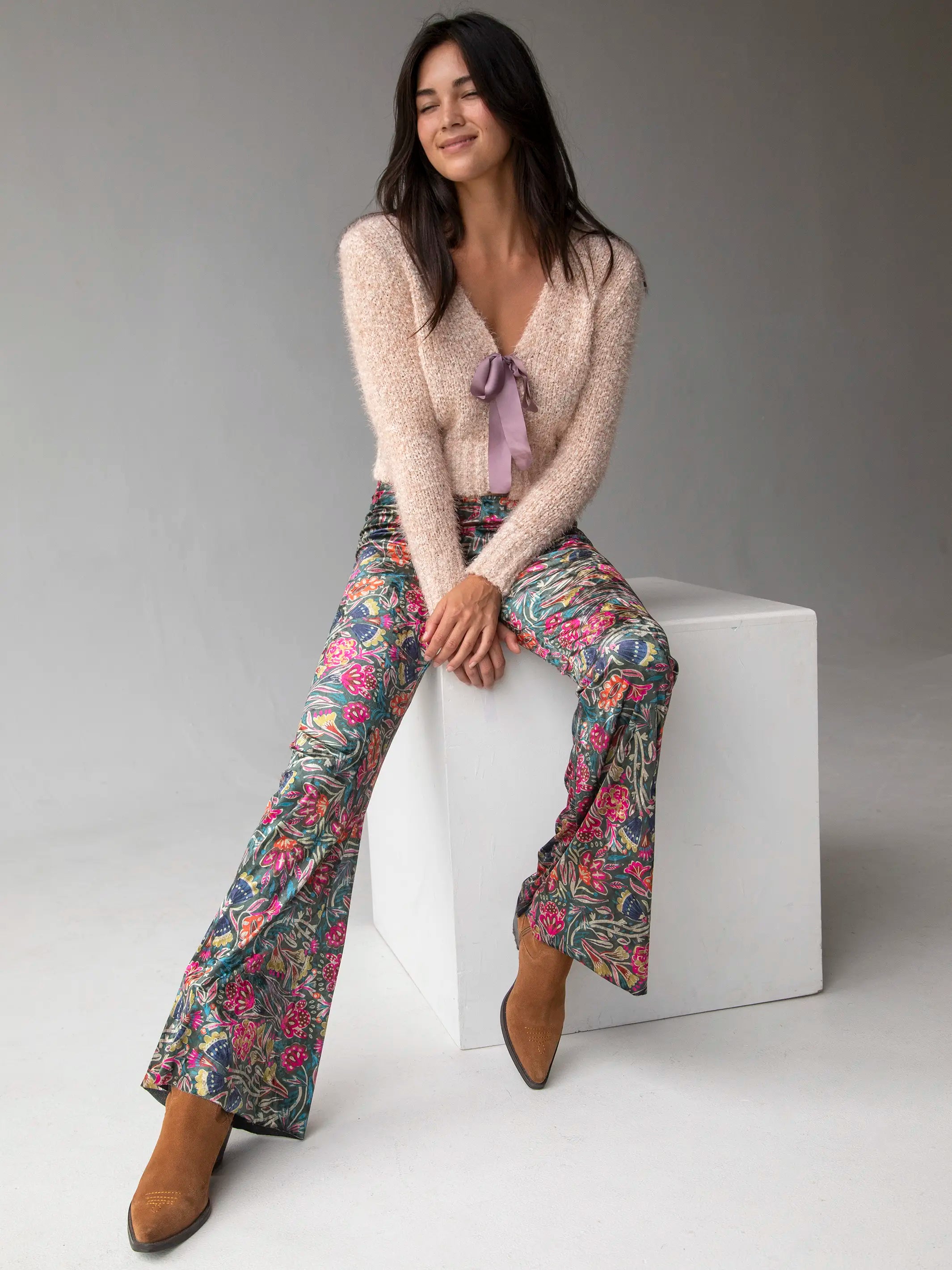 Bold Printed Pants for Unique Style-Cali Velvet Flare Pant - Green Lined Floral