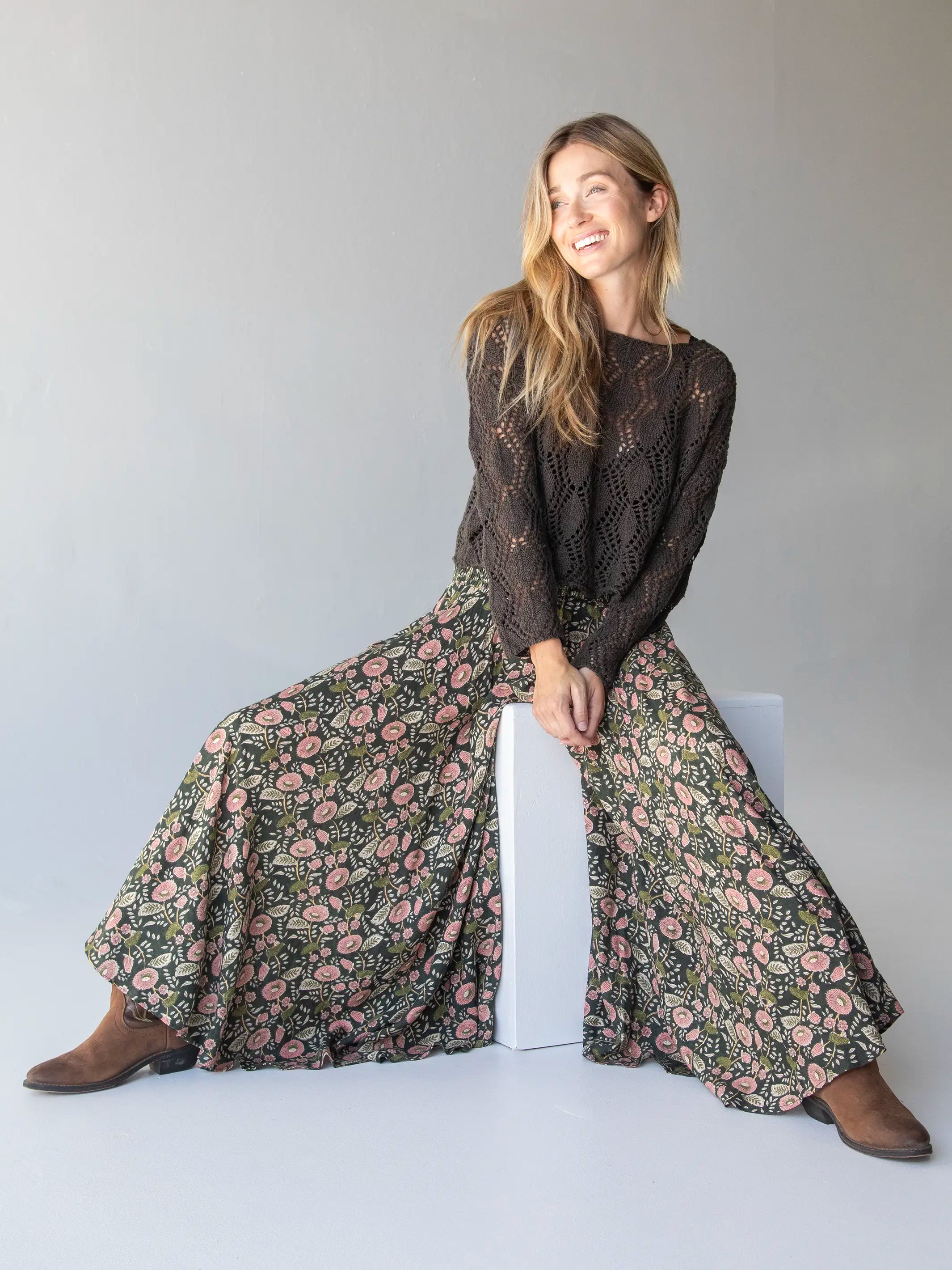 Eco-Friendly Bamboo Pants for Sustainable Fashion-Wanderlust Palazzo Pant - Dark Green Pink Floral Vines