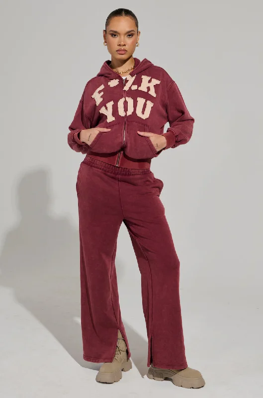 Sporty Basketball Shorts for Court Play-GRAPHIC LANGUAGE MINERAL WASH SWEAT PANT IN BURGUNDY