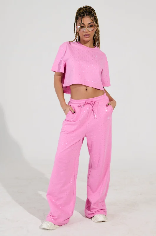 Bold Patterned Pants for Statement Look-BLOSSOM RHINESTONE EMBELLISHED SWEATPANT IN PINK