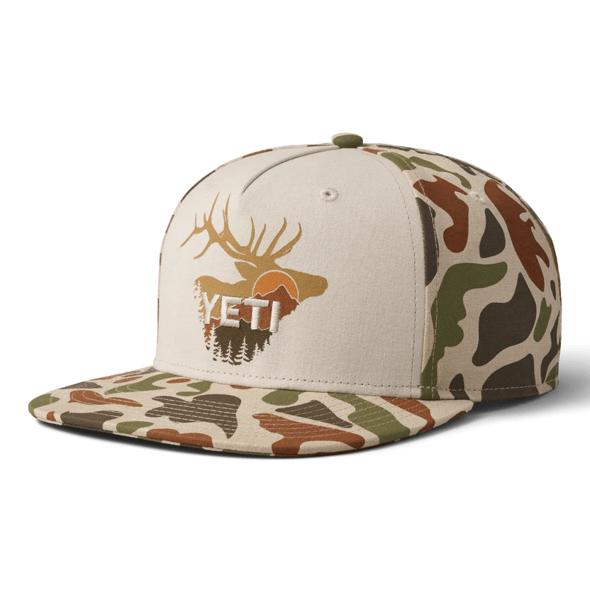 Soft Cashmere Beanie for Luxury Winter Wear-Yeti Sunrise Elk Tan/Brown Camo 5 Panel Flat Brim Hat