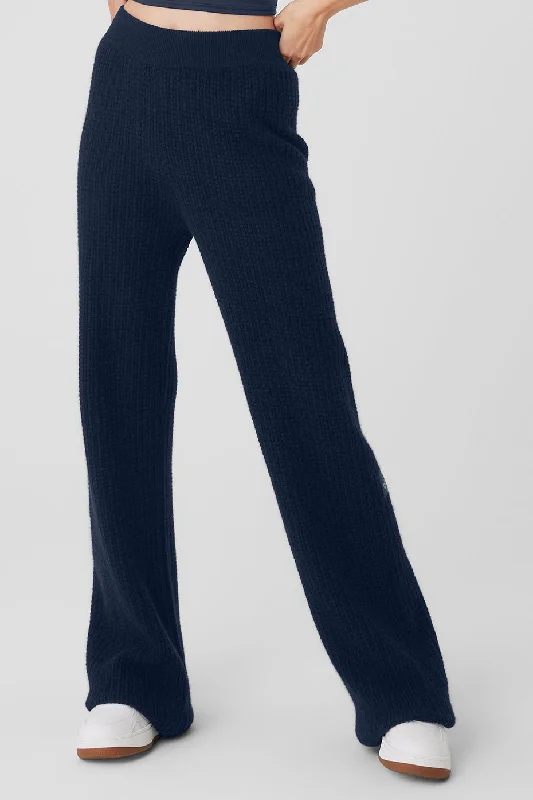 Cozy Wool Leggings for Winter Wear-Cashmere High-Waist Plush Waffle Pant - Navy