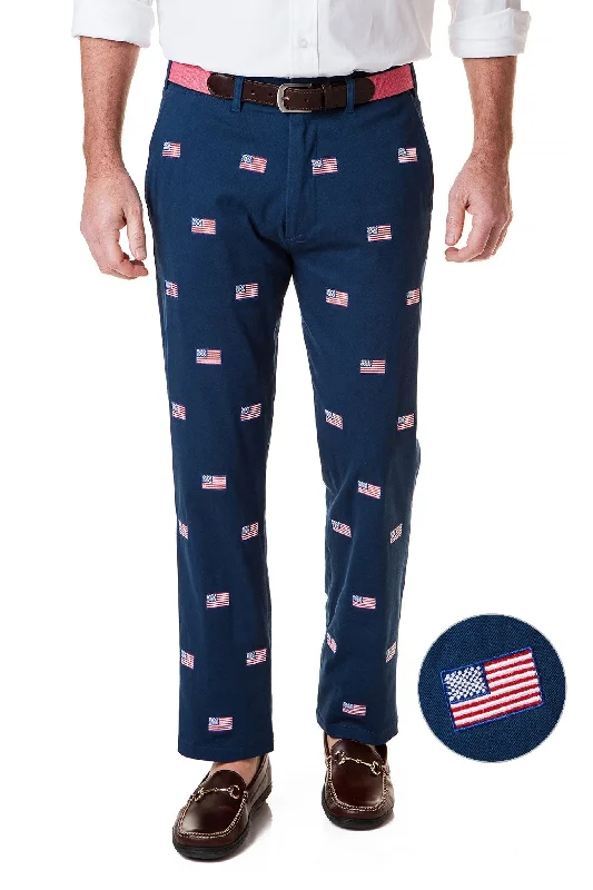 Slim Fit Dress Pants for Office Wear-Harbor Pant Stretch Twill Nantucket Navy with American Flag