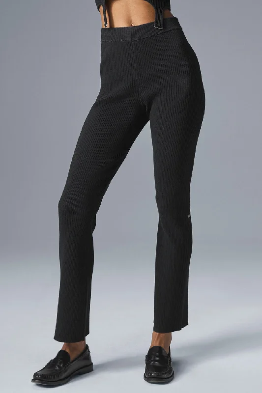 Comfortable Beach Pants for Vacation Style-Denim Knit High-Waist Flare Pant - Black/Anthracite