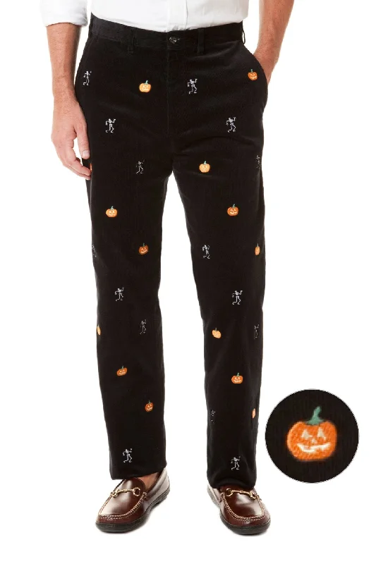 Trendy Overalls for Playful Look-Beachcomber Corduroy Pant Black with Skeleton and JackOLantern