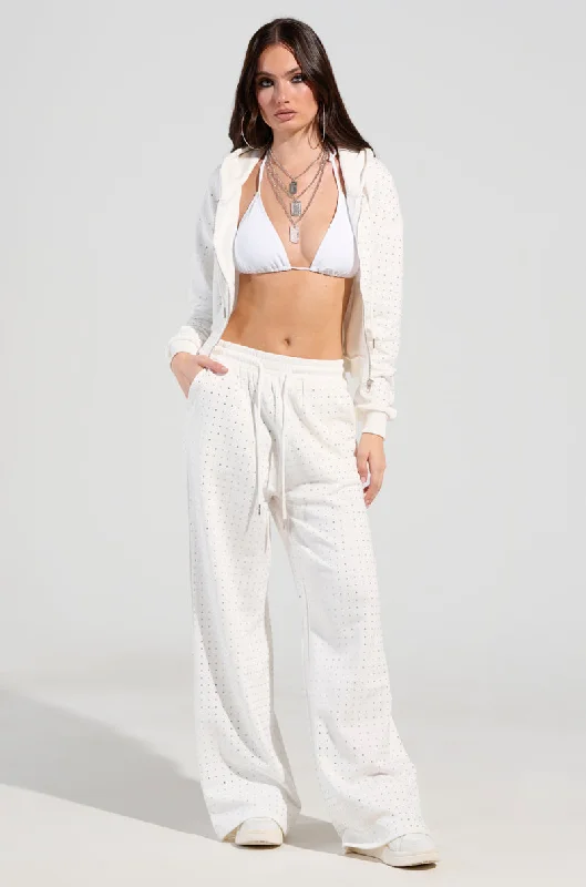 Trendy Culottes for Fashionable Comfort-BUBBLES RHINESTONE EMBELLISHED SWEATPANT IN WHITE