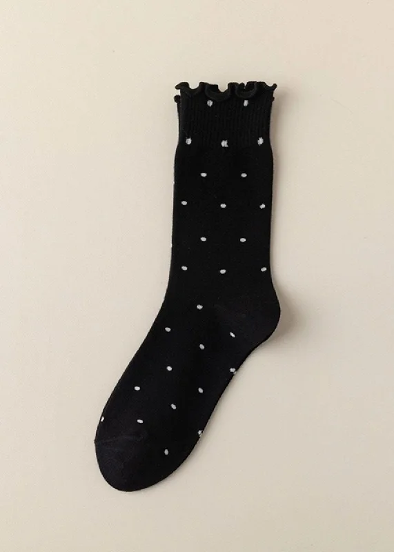 Thin Breathable Socks for Hot Weather-Polka Dot Ruffle Lace Mid Socks - Black