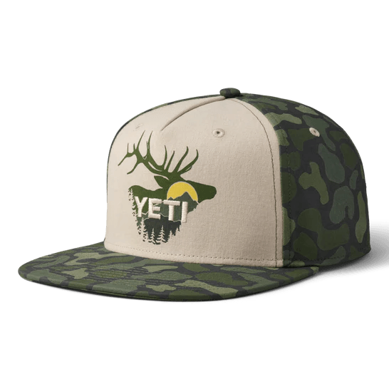 Embroidered Baseball Cap for Personal Style-Yeti Sunrise Elk Flat Brim Hat - Tan/Green Camo