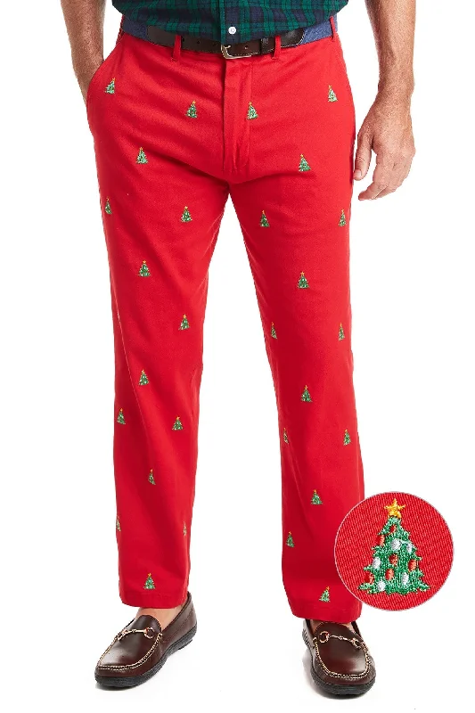 Lightweight Hiking Pants for Outdoor Excursions-Harbor Pant Stretch Twill Bright Red with Christmas Tree