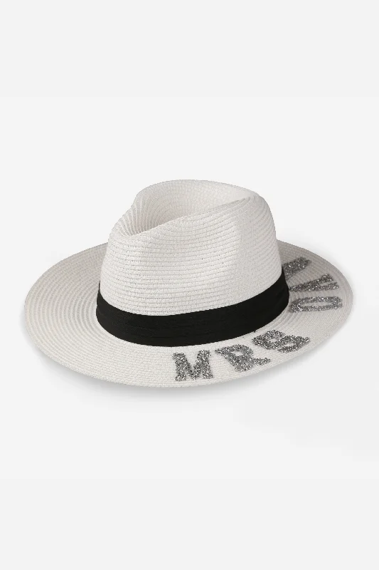 Outdoor Camping Hat for Trail Adventures-Personalised Bridal Straw Fedora Hat With Letter Embellishment - White