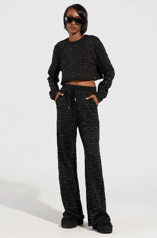 Loose Fit Linen Shorts for Hot Days-BUTTERCUP RHINESTONE EMBELLISHED SWEATPANT IN BLACK