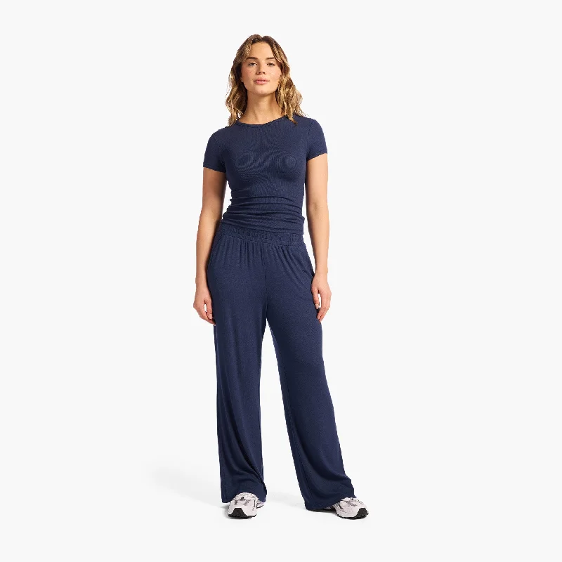 Classic Black Trousers for Office Wear-Slinky Rib Wide Leg Pant | Navy