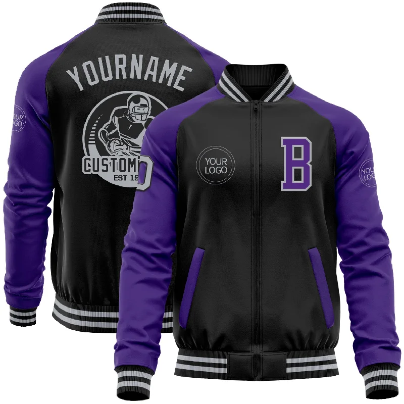 Snow Jacket for Skiing and Snowboarding-Custom Black Gray-Purple Bomber Varsity Letterman Two Tone Zipper Jacket