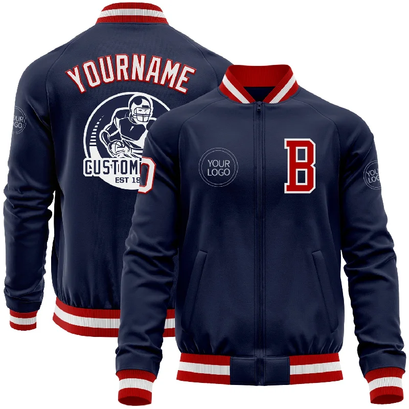 Stylish Statement Jacket for Fashion-Forward Looks-Custom Navy White-Red Bomber Varsity Letterman Zipper Jacket