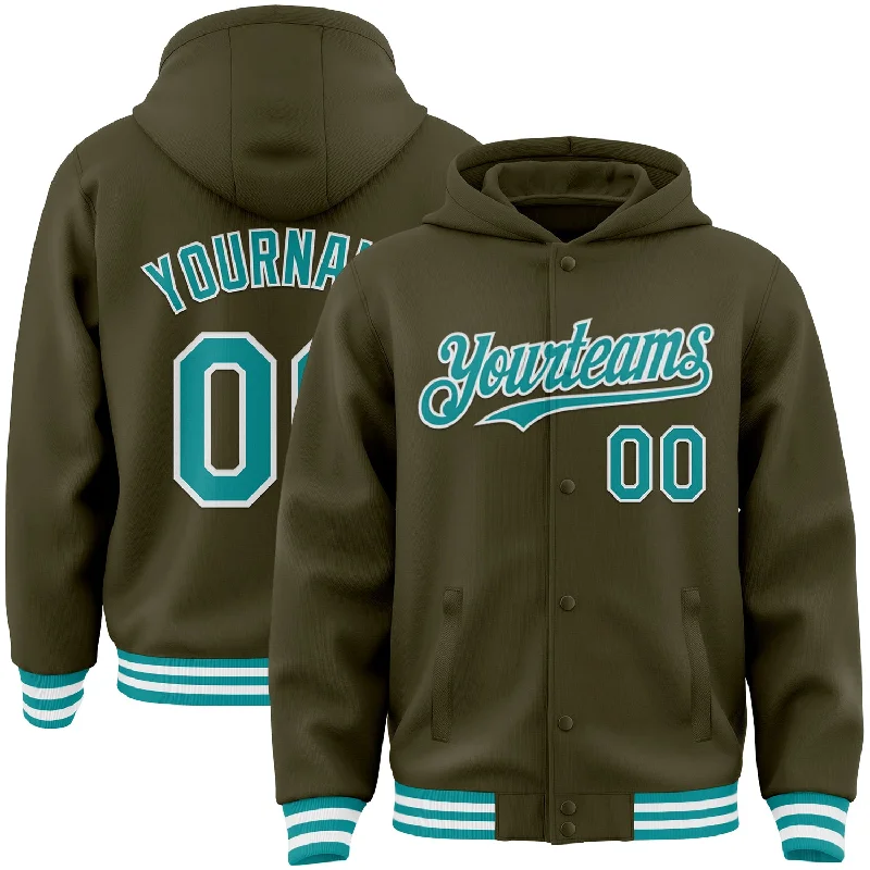 High-Quality Performance Hoodie for Fitness Enthusiasts-Custom Olive Teal-White Bomber Full-Snap Varsity Letterman Salute To Service Hoodie Jacket