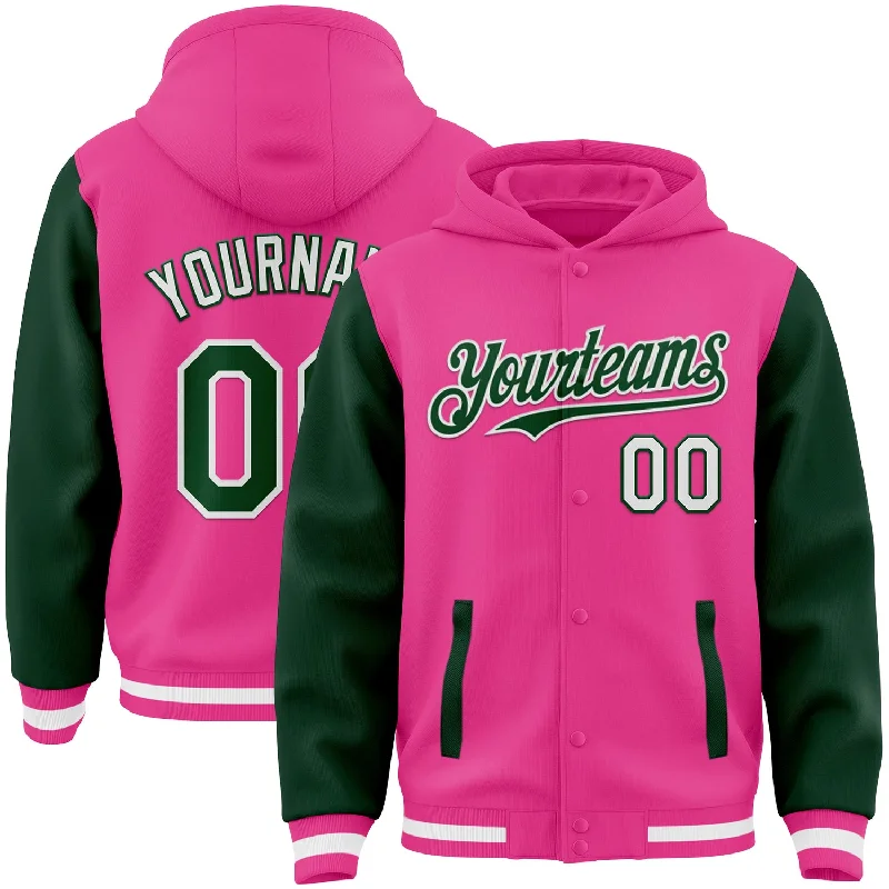 Graphic Hoodie for Bold and Fun Designs-Custom Pink Green-White Bomber Full-Snap Varsity Letterman Two Tone Hoodie Jacket