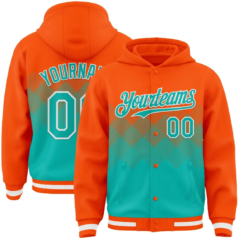 Classic Crewneck Hoodie for Timeless Style-Custom Orange Aqua-White Gradient Square Shape 3D Pattern Design Bomber Full-Snap Varsity Letterman Hoodie Jacket