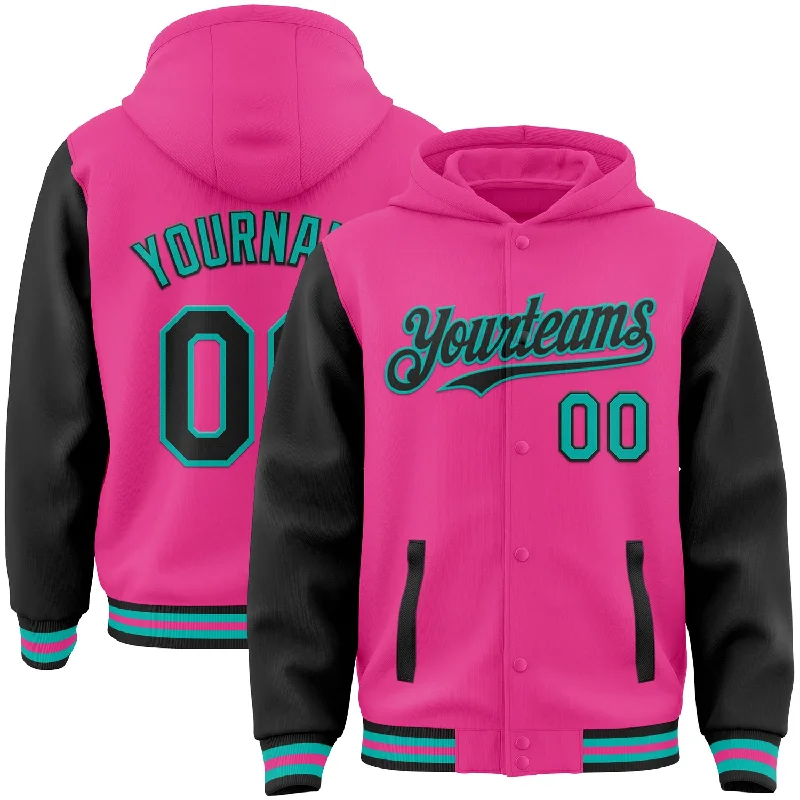 Lightweight Hoodie with Mesh Lining for Ventilation-Custom Pink Black-Aqua Bomber Full-Snap Varsity Letterman Two Tone Hoodie Jacket