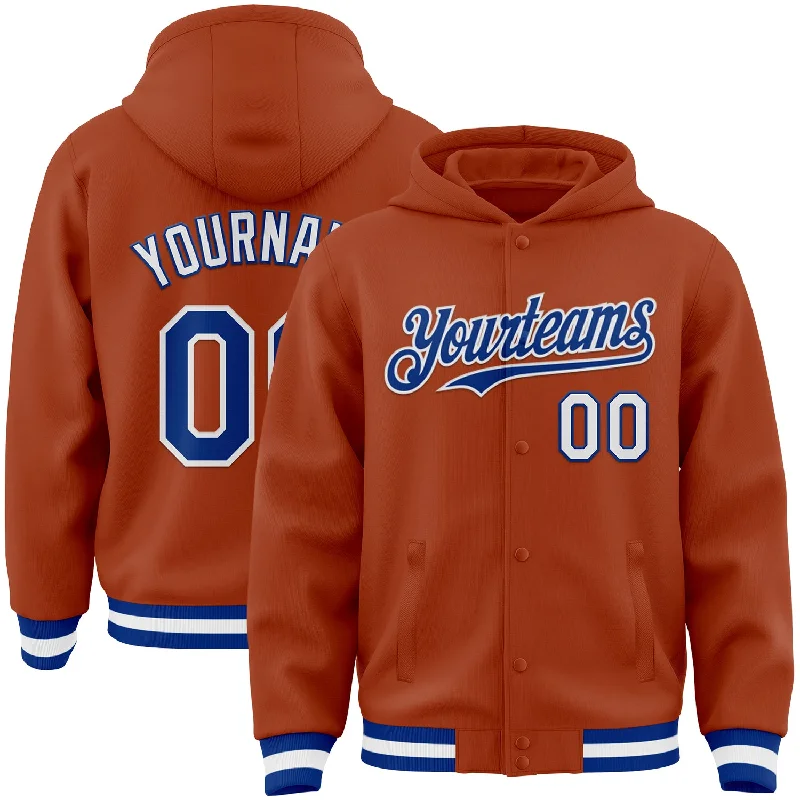 Long Sleeve Hoodie for Extra Warmth-Custom Texas Orange Royal-White Bomber Full-Snap Varsity Letterman Hoodie Jacket