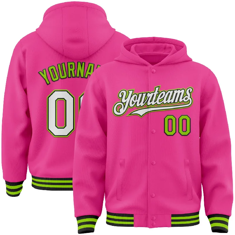 Street-Inspired Hoodie for Urban Fashion-Custom Pink Black-Neon Green Bomber Full-Snap Varsity Letterman Hoodie Jacket