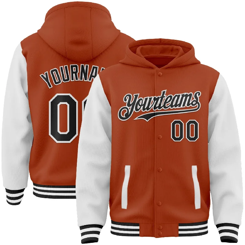 Lightweight Hoodie for Travel and Leisure-Custom Texas Orange Black-White Bomber Full-Snap Varsity Letterman Two Tone Hoodie Jacket