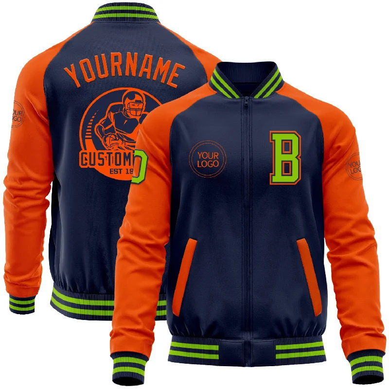 Fashionable Faux Leather Jacket for Modern Wear-Custom Navy Orange-Neon Green Bomber Varsity Letterman Two Tone Zipper Jacket